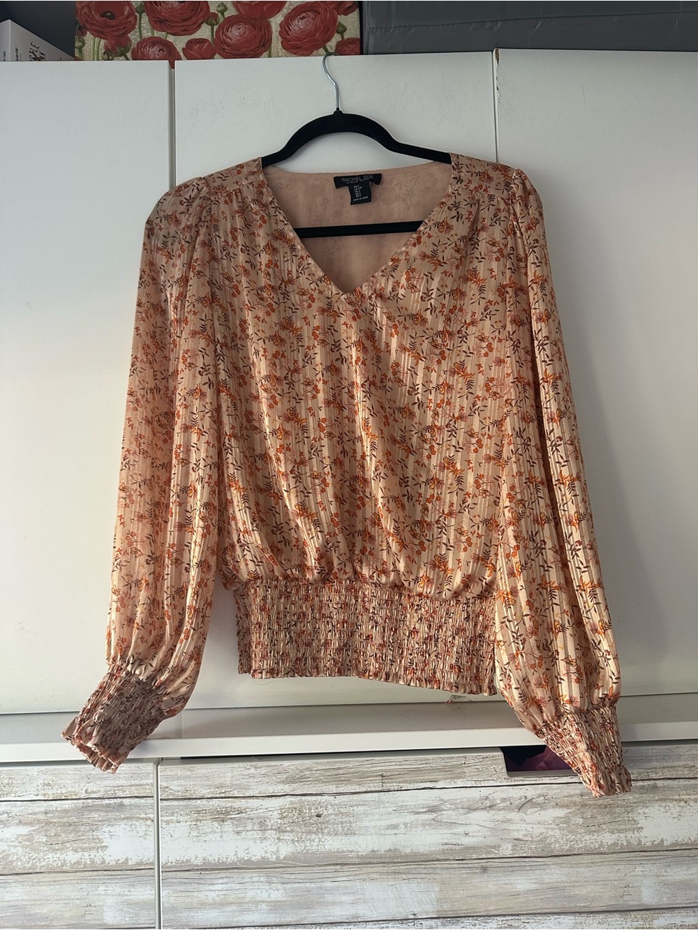 🌸 Rachel Zoe Floral Smocked Waist Blouse Metallic Shimmer Size S
